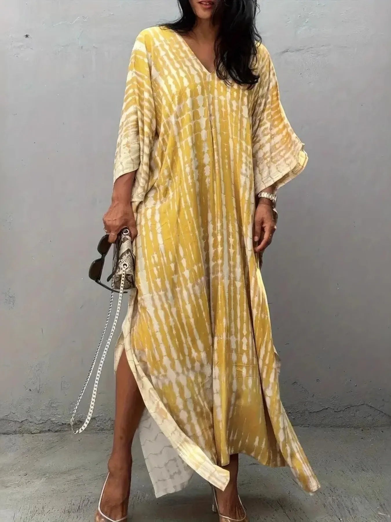 Tie-Dye V-Neck Maxi Dress with Flowy Sleeves