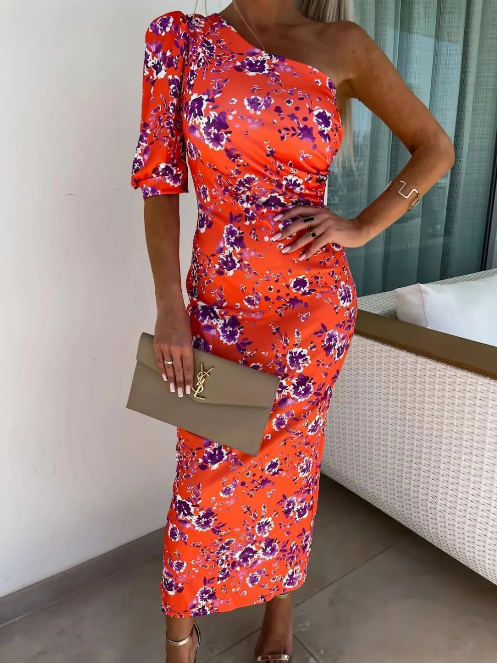 Slit Printed Single Shoulder Midi Dress