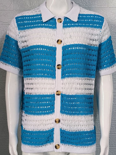 Men's Button Down Collared Neck Contrast Openwork Shirt Style