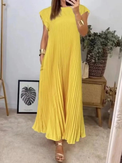 Full Size Pleated Round Neck Maxi Dress Plus Size