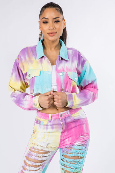 Vibrant Tie-Dye Cropped Denim Jacket with Distressed Back