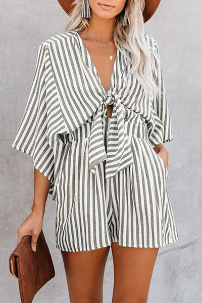 Chic Pink Striped Kimono Sleeve Romper with Bow Detail