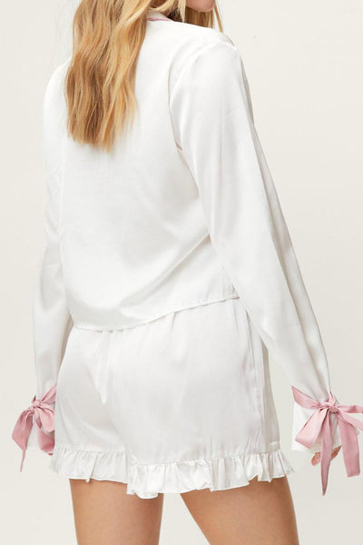 Chic Tied Cuff Collared Lounge Set with Frill Shorts
