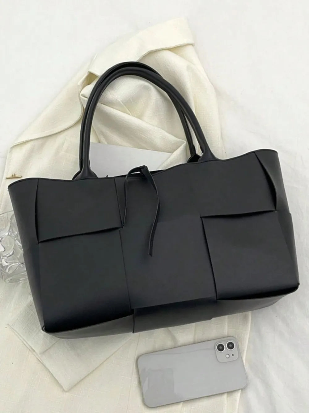 PU Leather Woven Handbag and Clutch Set