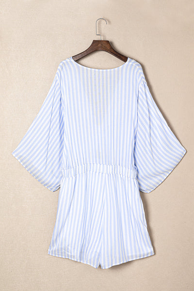 Chic Pink Striped Kimono Sleeve Romper with Bow Detail