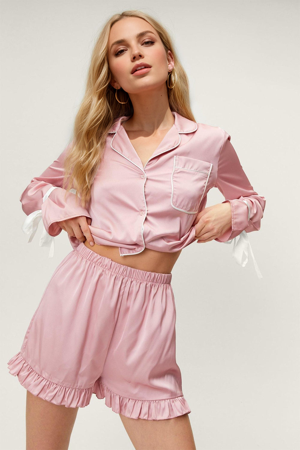 Chic Tied Cuff Collared Lounge Set with Frill Shorts