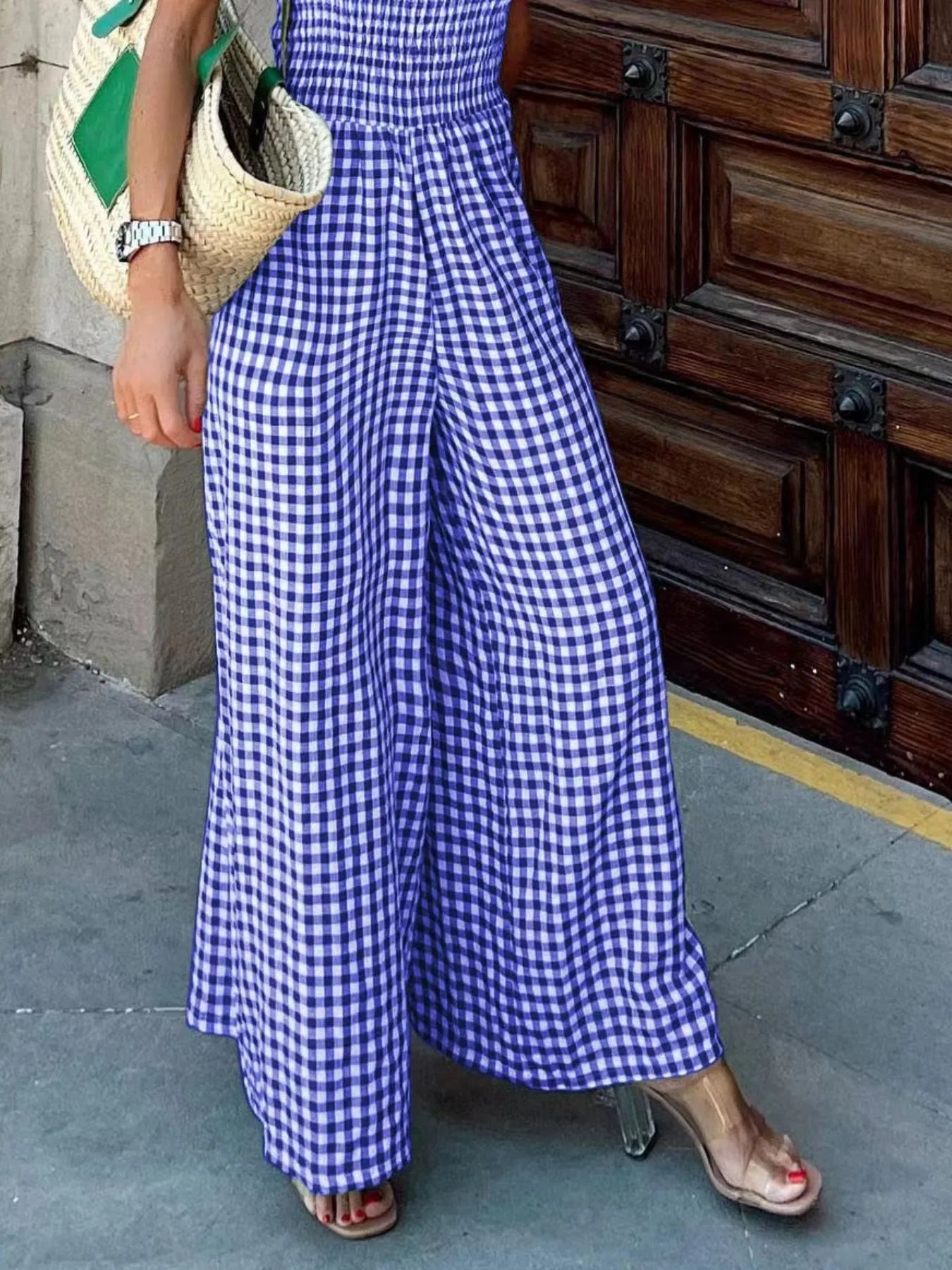 Gingham Smocked Wide-Leg Jumpsuit