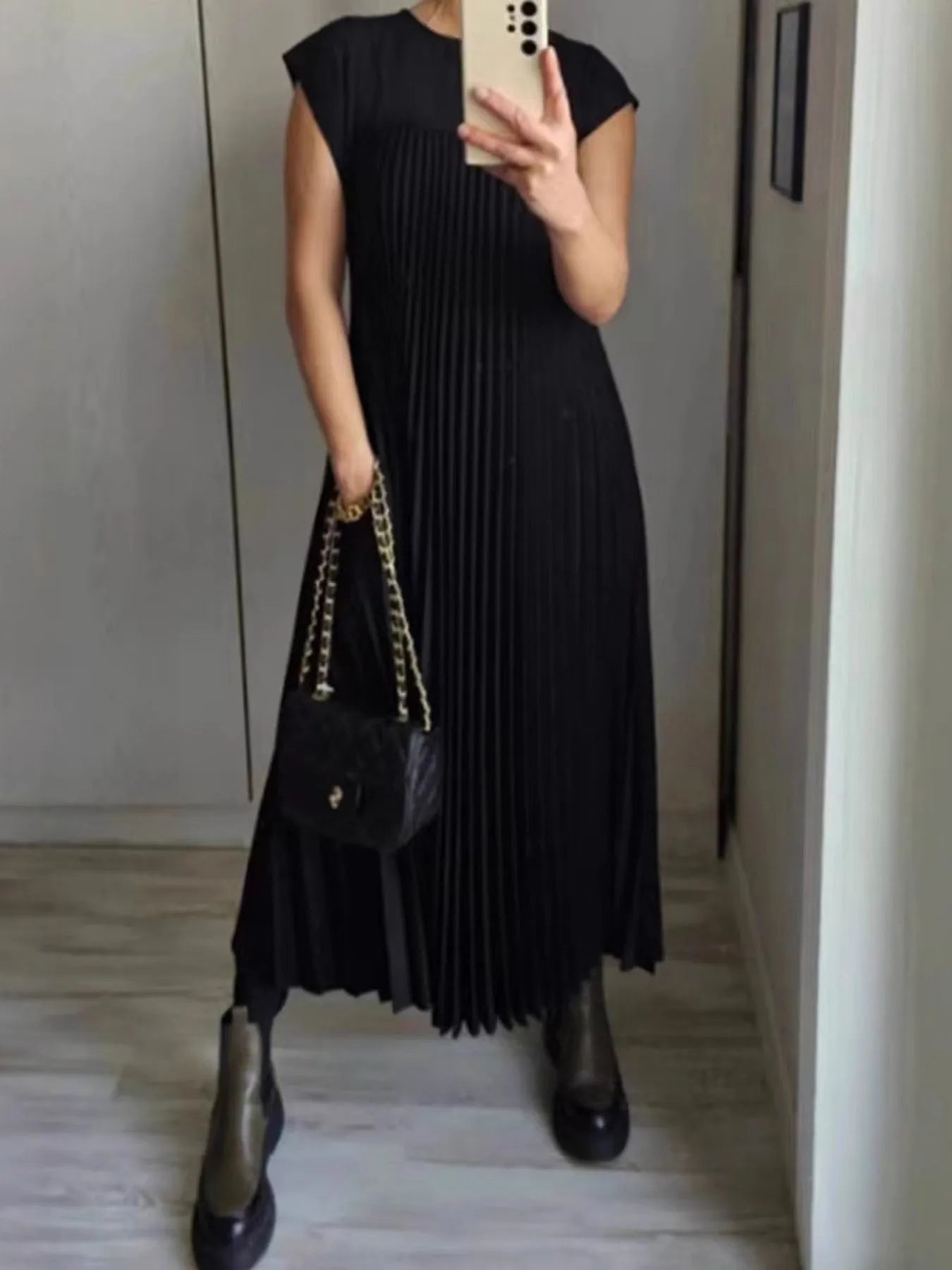 Full Size Pleated Round Neck Maxi Dress Plus Size