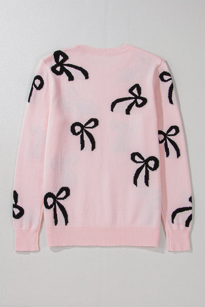 Chic Bow Design Loose Fit Sweater in Soft Pink Hue