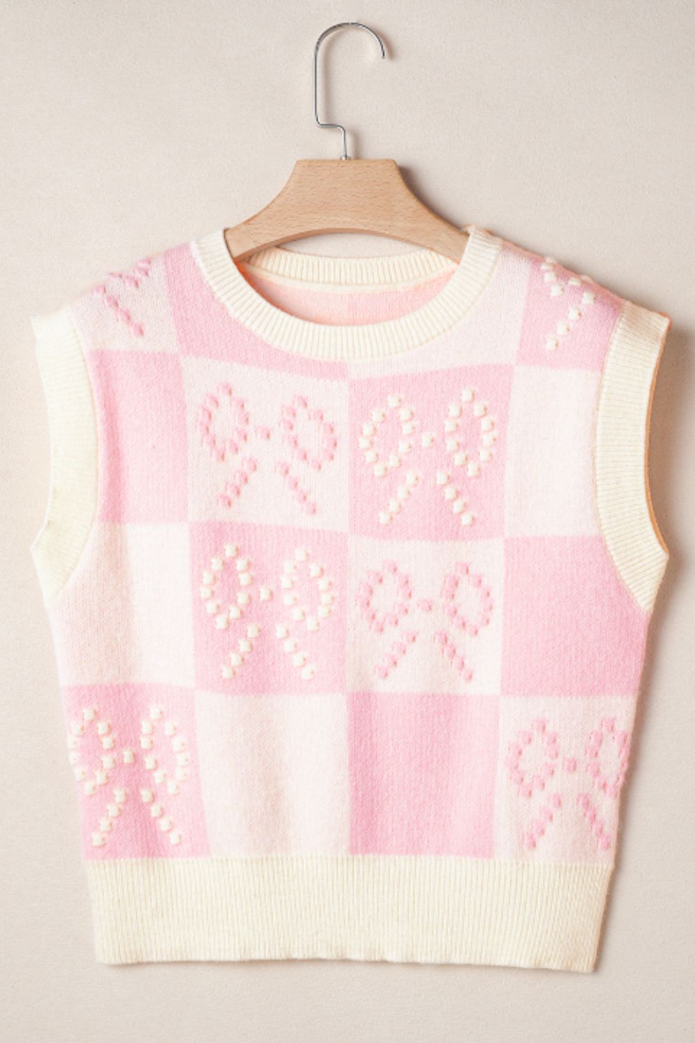 Chic Pink & Cream Bow Checkered Round Neck Sweater Vest