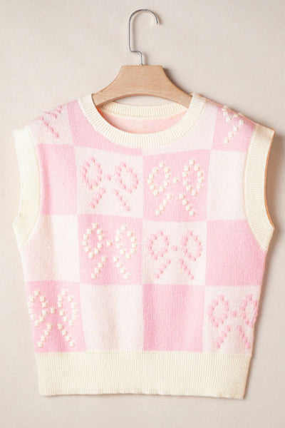 Chic Pink & Cream Bow Checkered Round Neck Sweater Vest