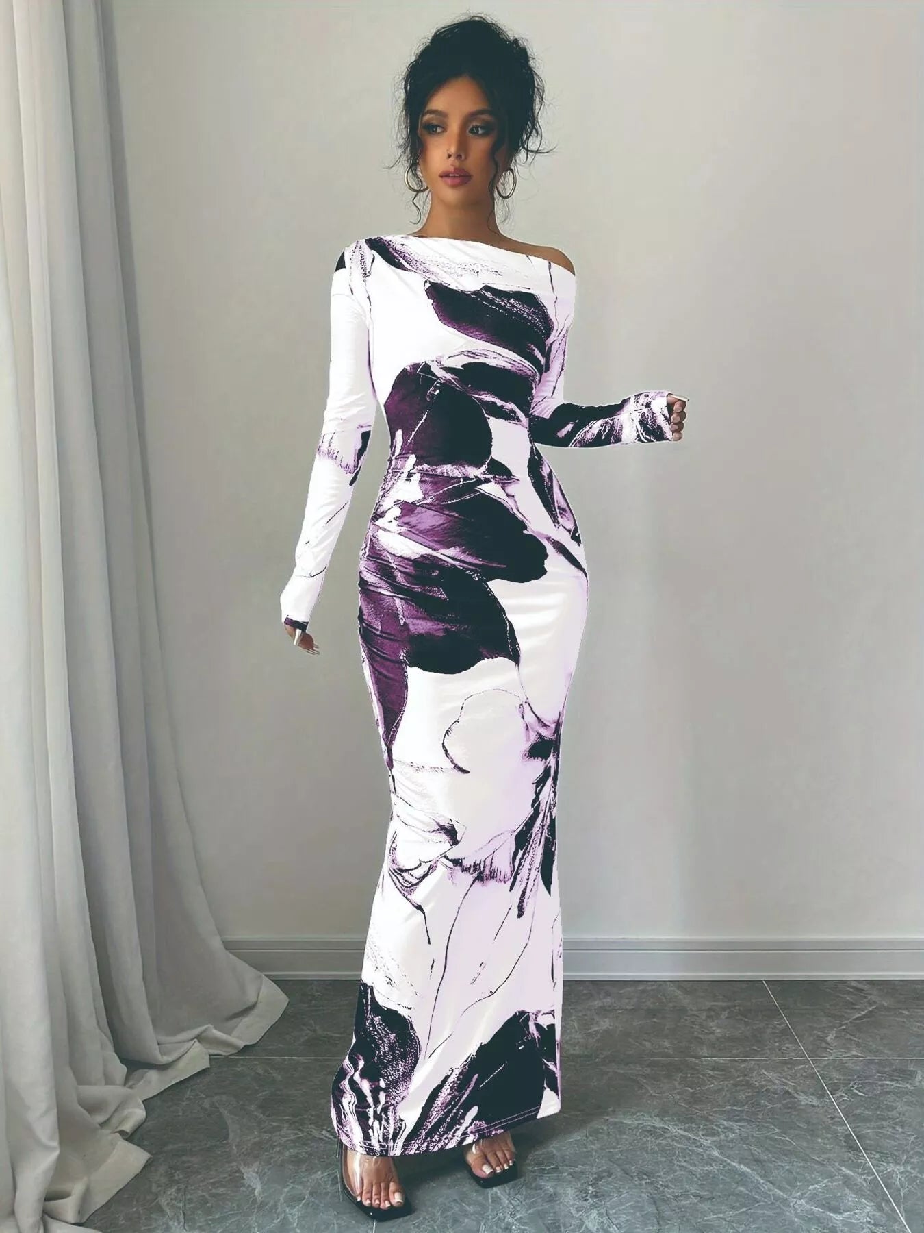 Floral One Shoulder Long Sleeve Maxi Dress