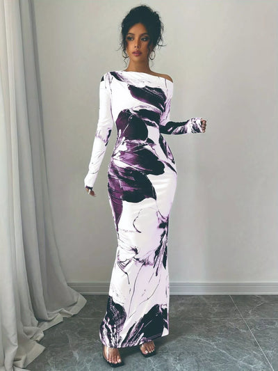 Floral One Shoulder Long Sleeve Maxi Dress