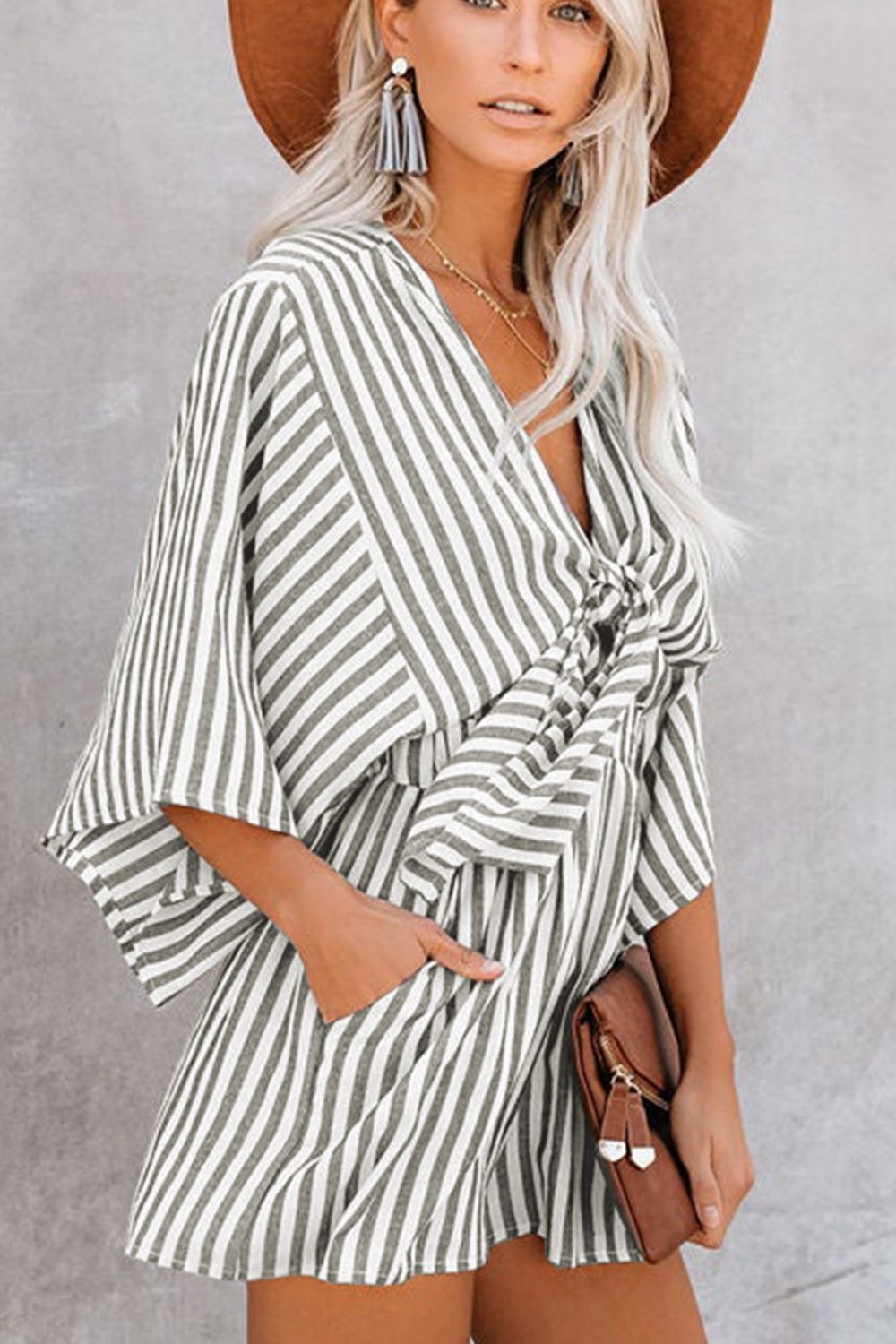 Chic Pink Striped Kimono Sleeve Romper with Bow Detail