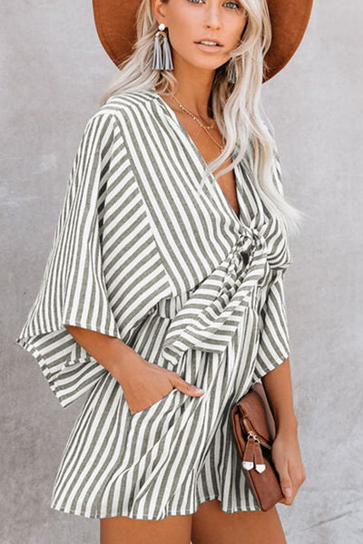 Chic Pink Striped Kimono Sleeve Romper with Bow Detail