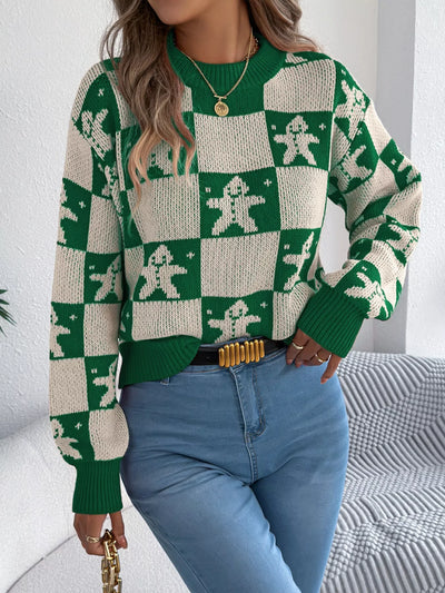 Christmas Checkerboard Gingerbread Round Neck Sweater