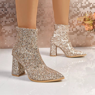 Sequin Point Toe Block Heels Boots