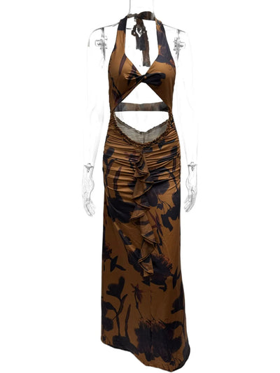 Cutout Printed Halter Neck Maxi Dress