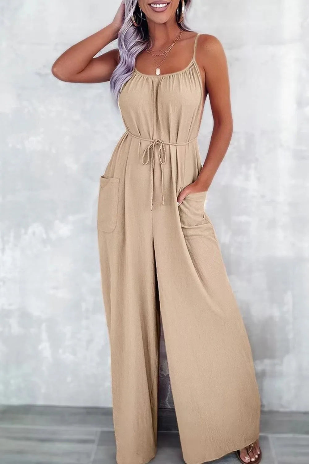 Casual Spaghetti Strap Wide Leg Jumpsuit with Pockets