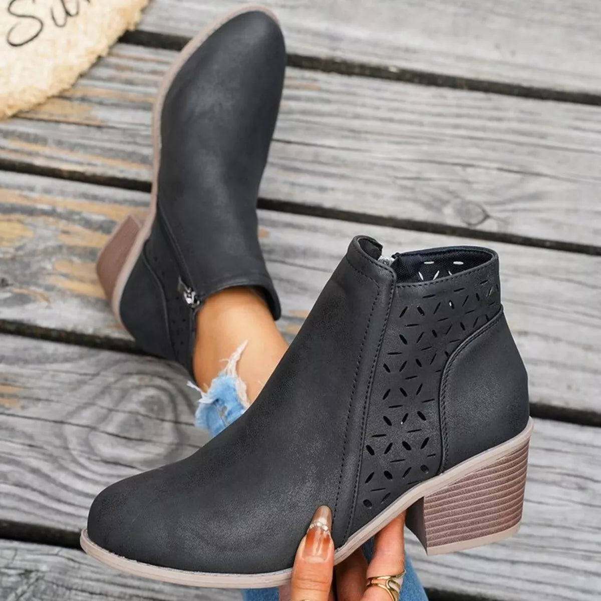 Block Heel Ankle Boots with Cutout Detail