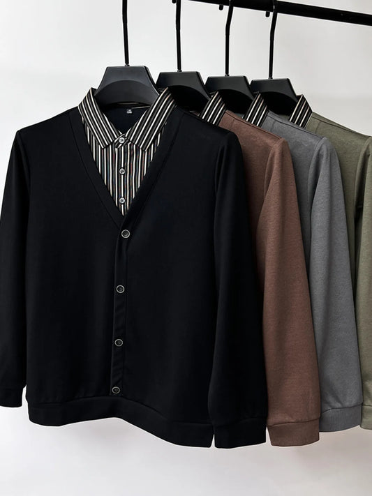 Men's Plus Size Striped Collar Detail Long Sleeve Top