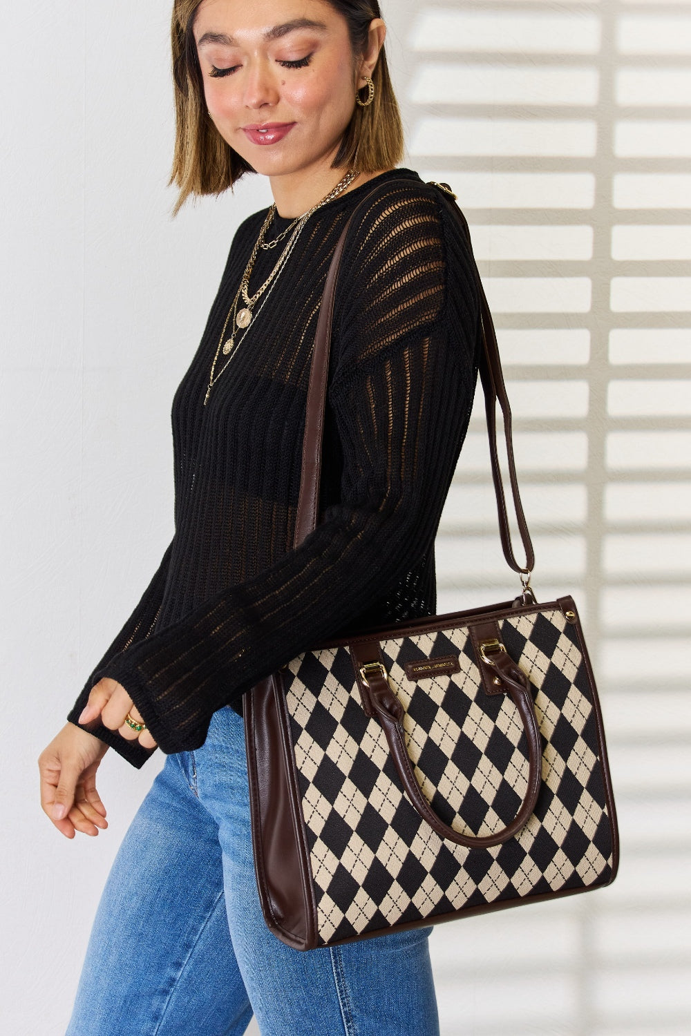 David Jones Argyle Pattern PU Leather Handbag for Style