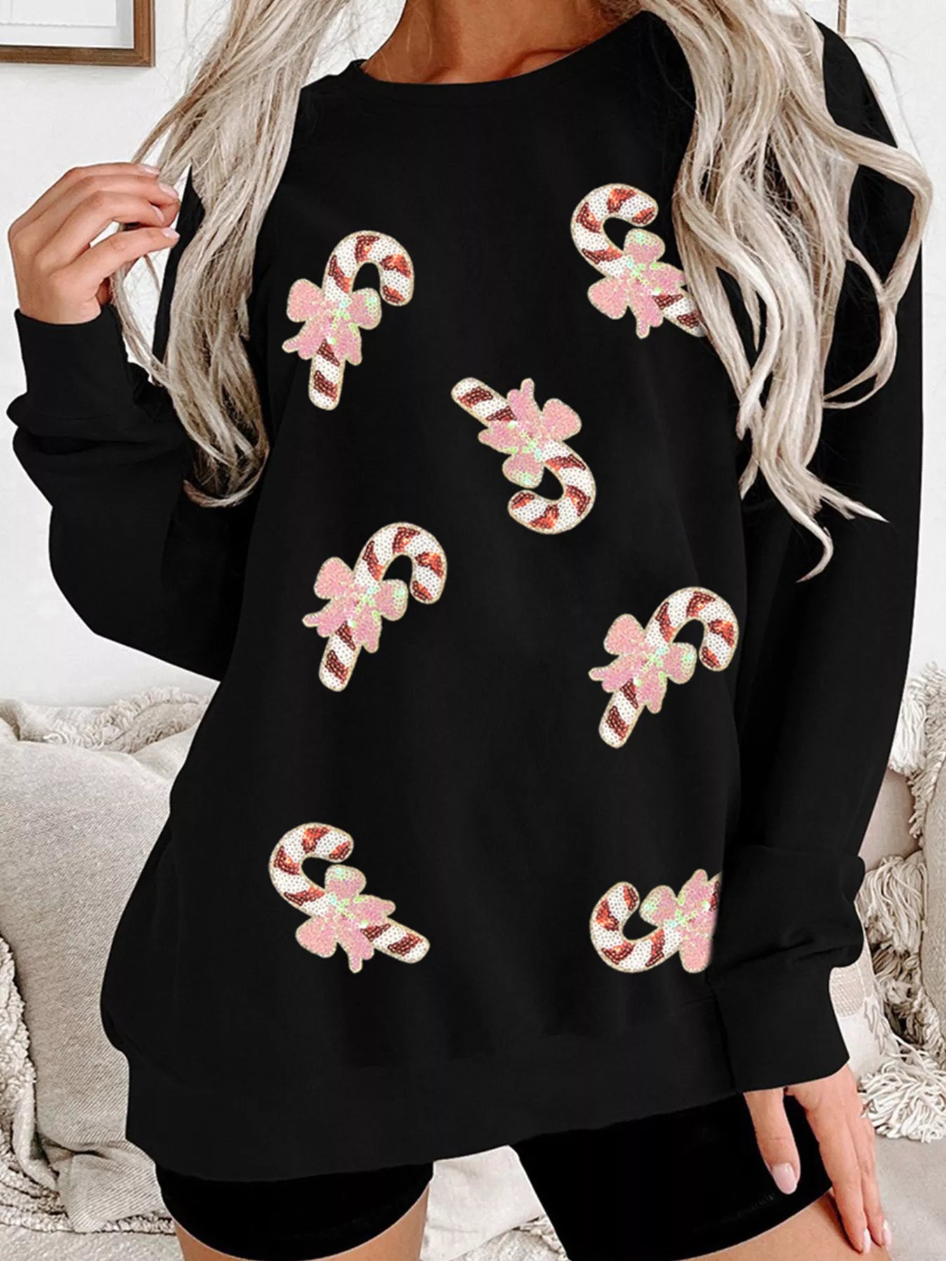 Christmas Candy Cane Sequin Patch Baggy Sweatshirt