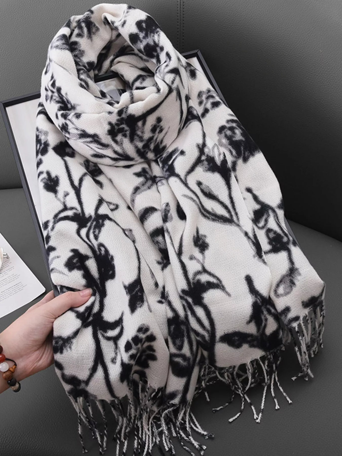 Floral Print Scarf with Fringe Detail