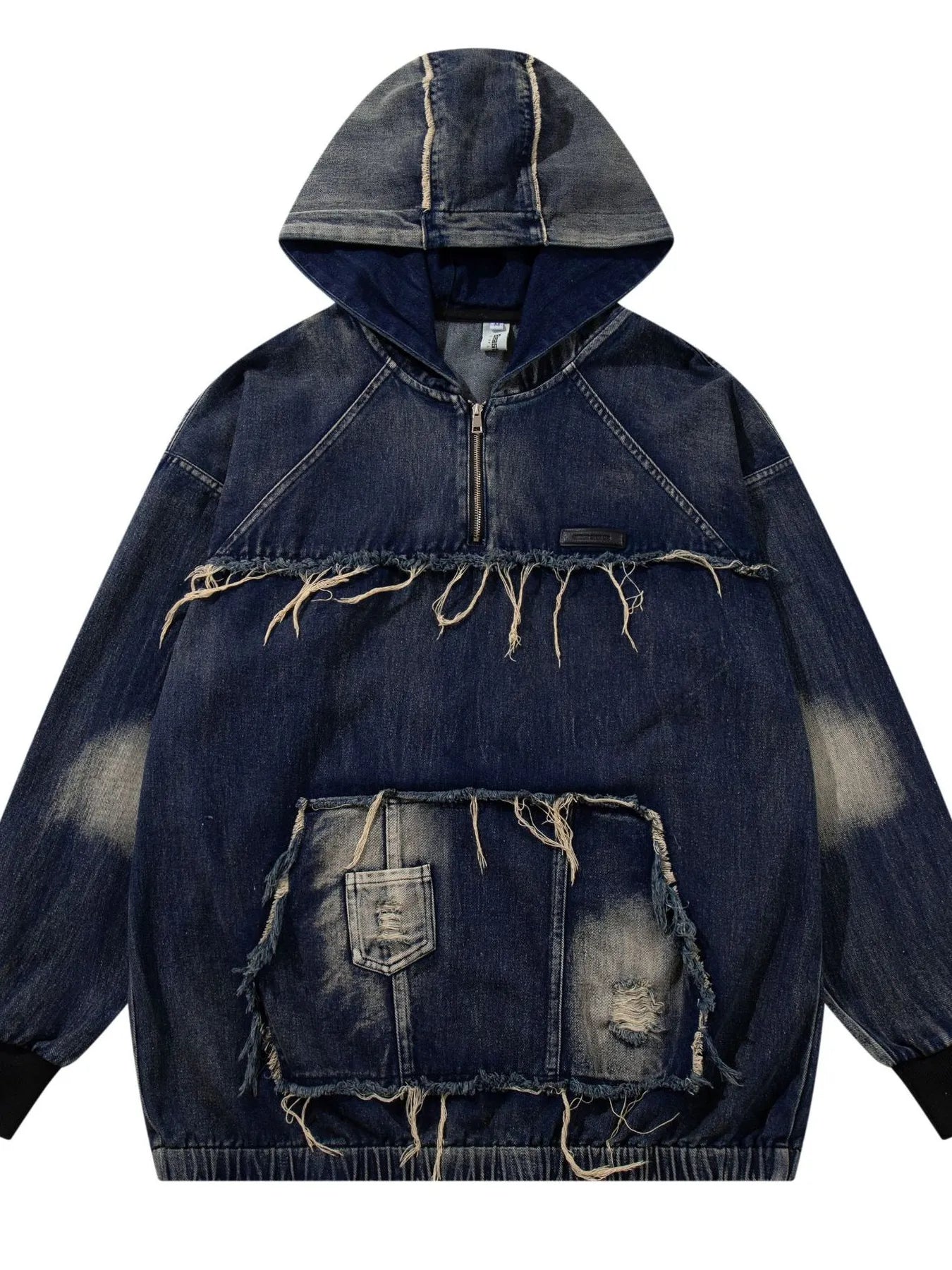Men's Distressed Denim Patchwork Oversized Hoodie with Frayed Details