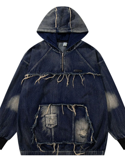 Men's Distressed Denim Patchwork Oversized Hoodie with Frayed Details
