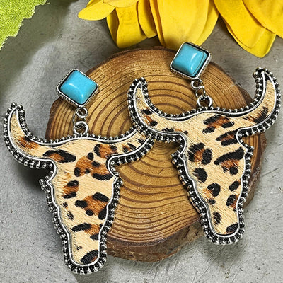 Western Boho Chic Turquoise Bull Head Dangle Earrings