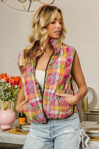 Women's Fashion Quilted Plaid Snap Vest - Casual Outerwear