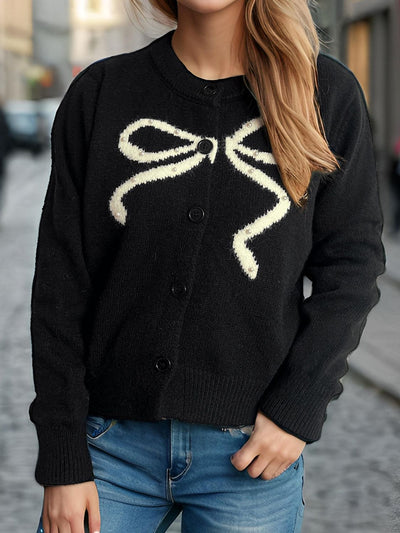 Chic Bow Button Cardigan with Stylish Round Neck Design