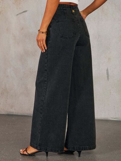 Trendy Button Down Vest & Wide Leg Jeans Denim Set