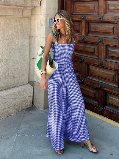 Gingham Smocked Wide-Leg Jumpsuit