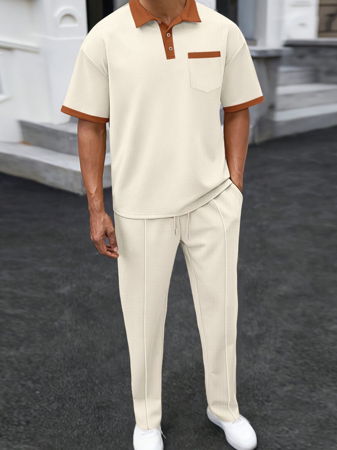 Men's Full Size Waffle-Knit Contrast Polo and Pants Set Plus Size