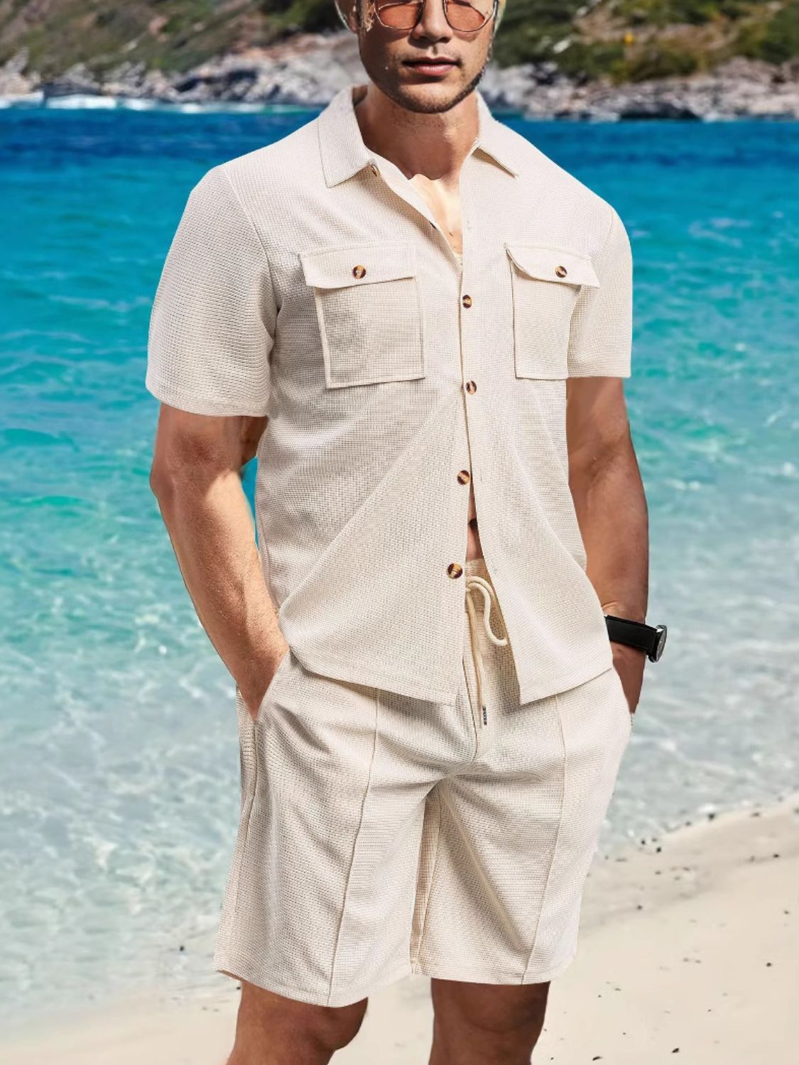 Men's Full Size Button Down Short Sleeve Top and Shorts Set Plus Size for Summer Style