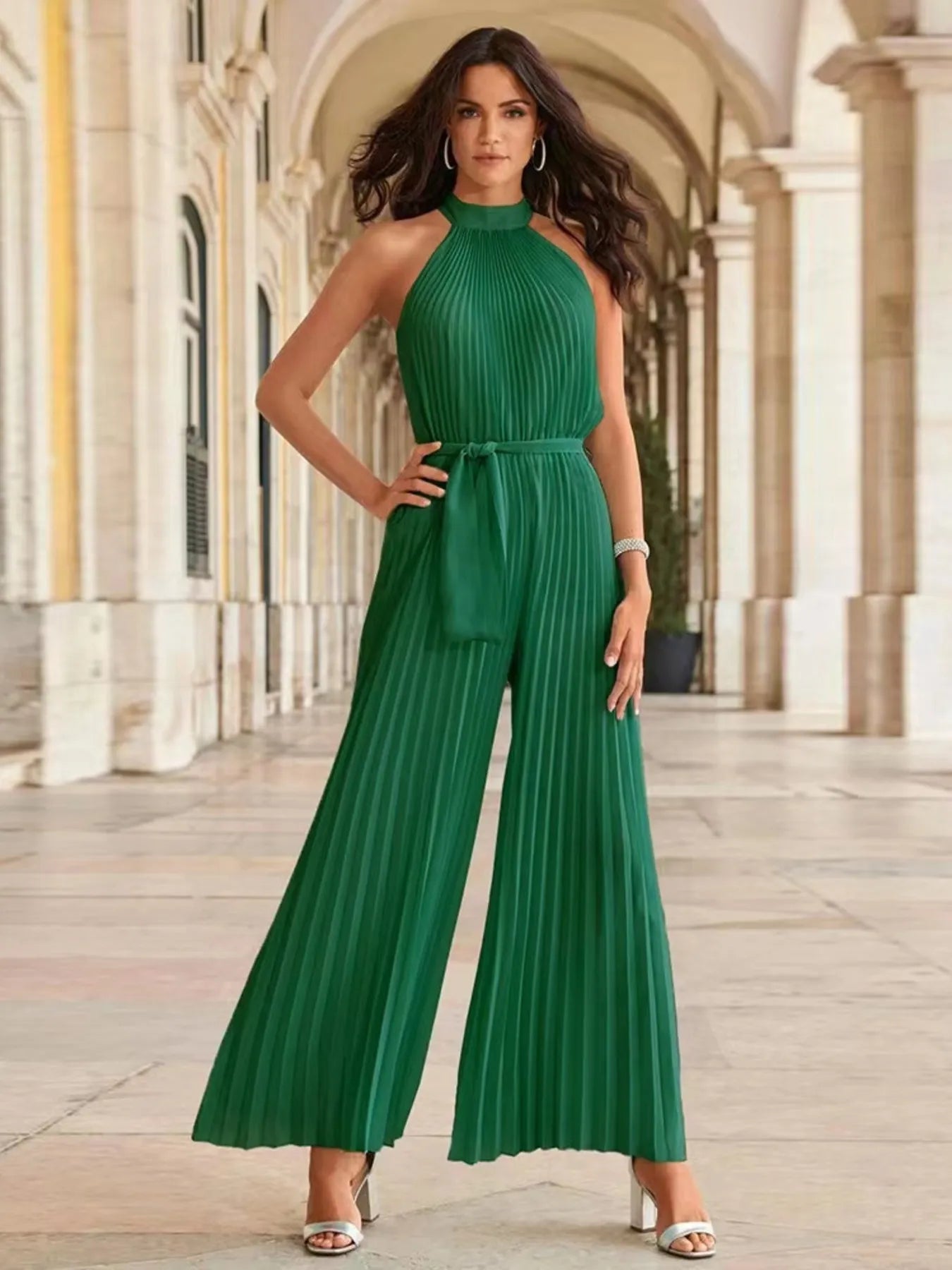Pleated Sleeveless Wide Leg Jumpsuit