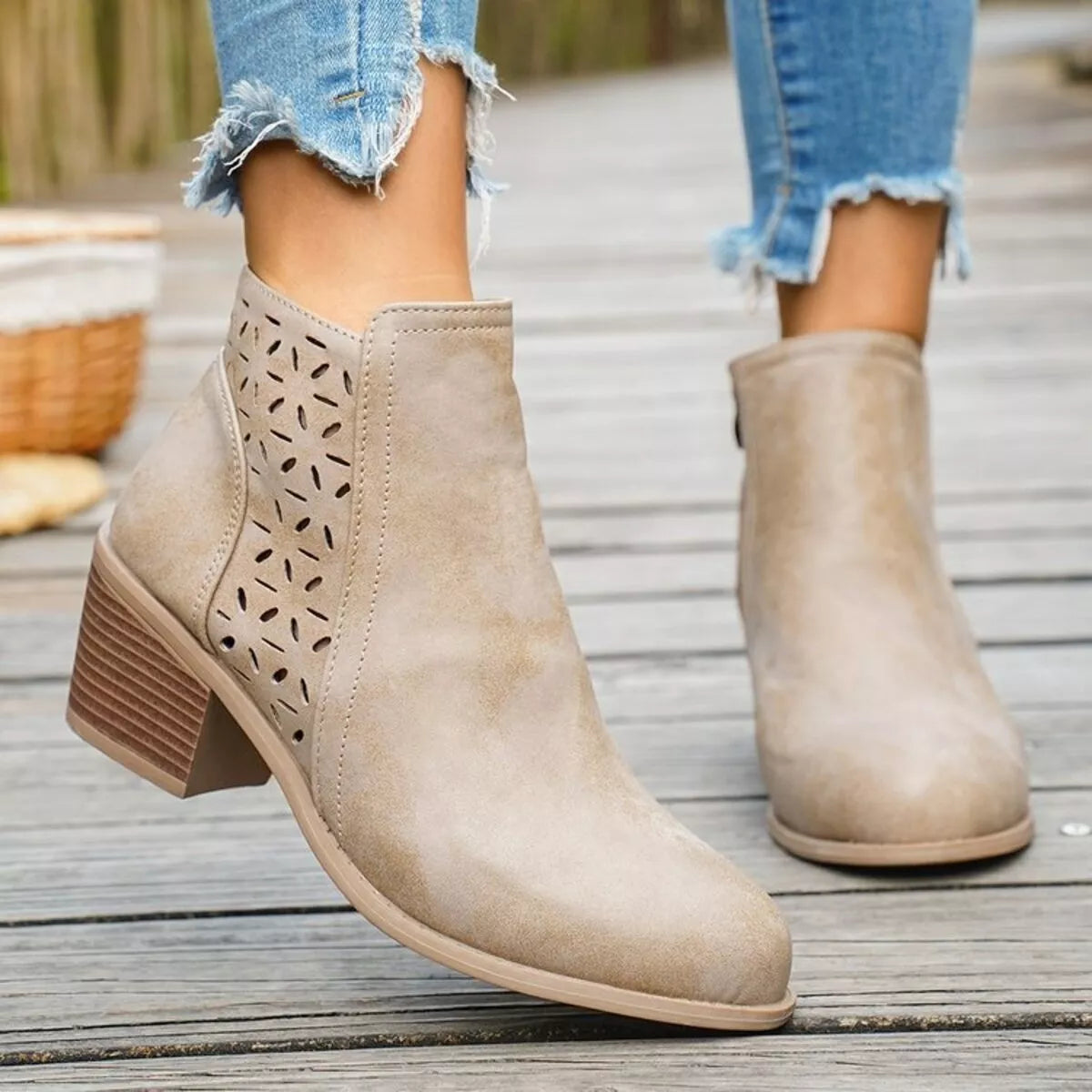 Block Heel Ankle Boots with Cutout Detail