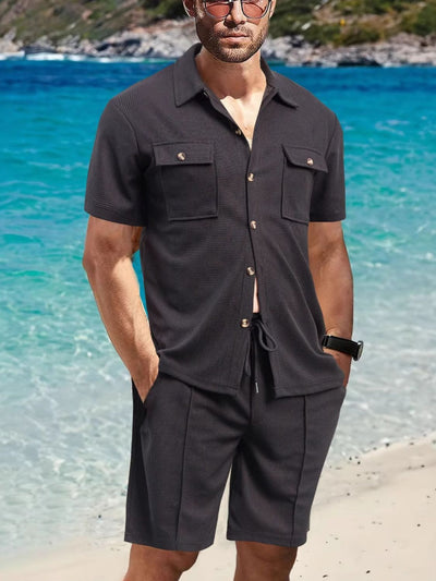 Men's Full Size Button Down Short Sleeve Top and Shorts Set Plus Size for Summer Style
