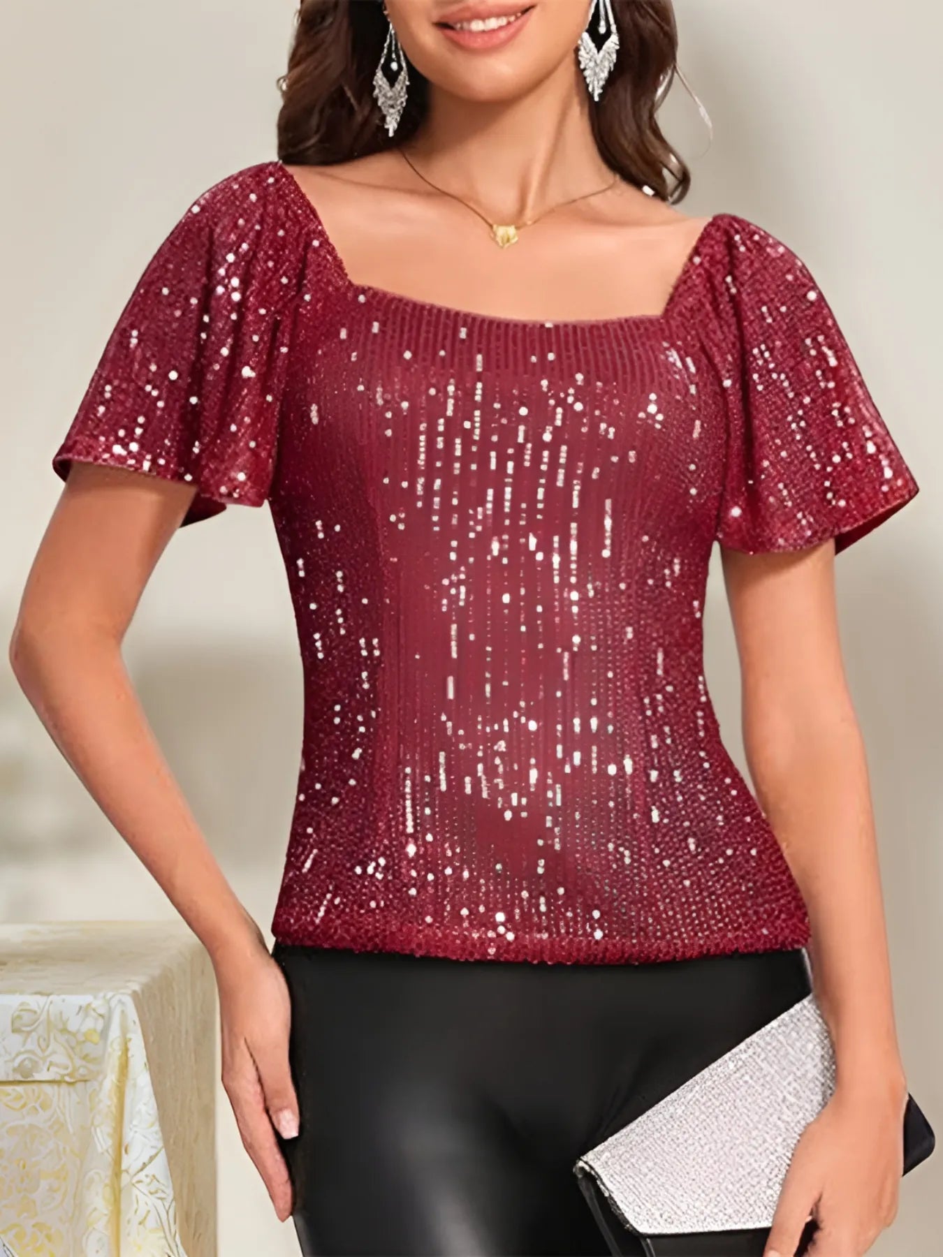 Square Neck Sequin Short Sleeve Blouse