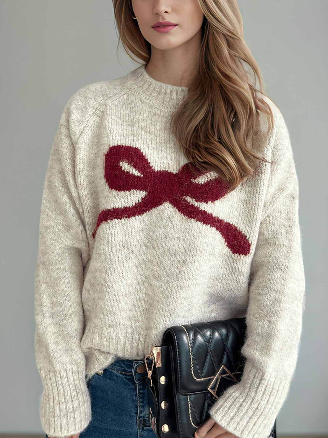 Chic Bow Round Neck Sweater - Soft Knit, Cozy & Versatile