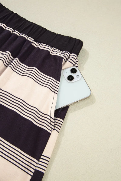 Stripe Half Sleeve T-Shirt and High Waist Pocketed Shorts Set