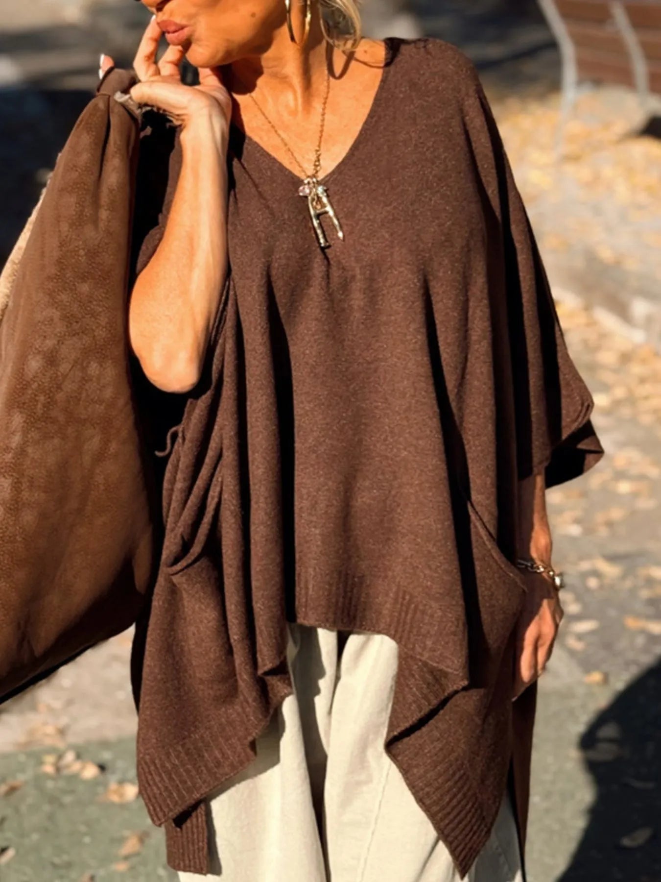 Ribbed Hem V-Neck Sweater