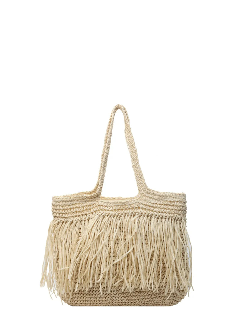 Bohemian Straw Fringe Hobo Handbag