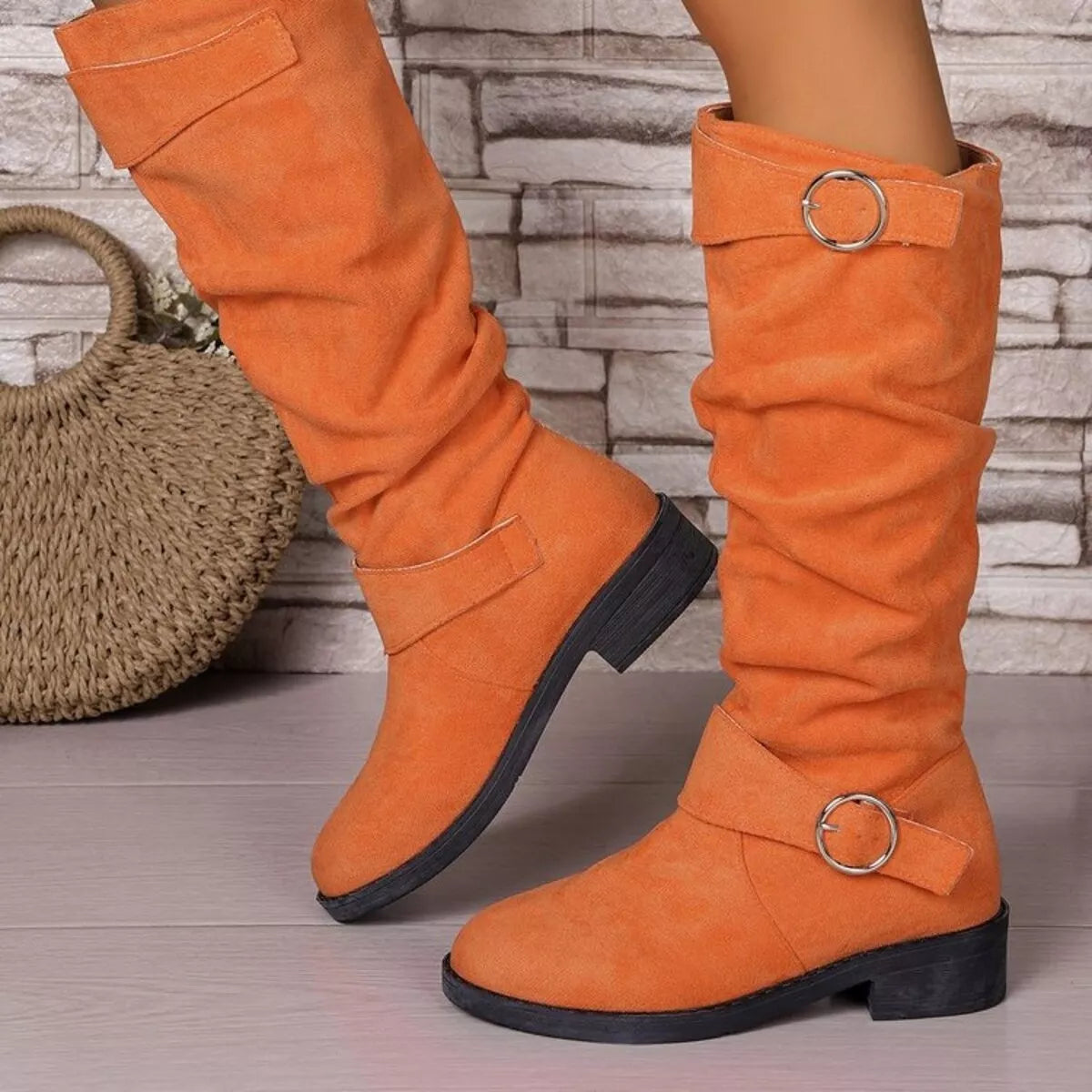 Block Heel Boots with Buckle Detail