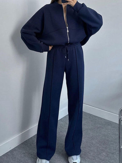 Casual Baseball Collar Zip Top & Drawstring Pants Set