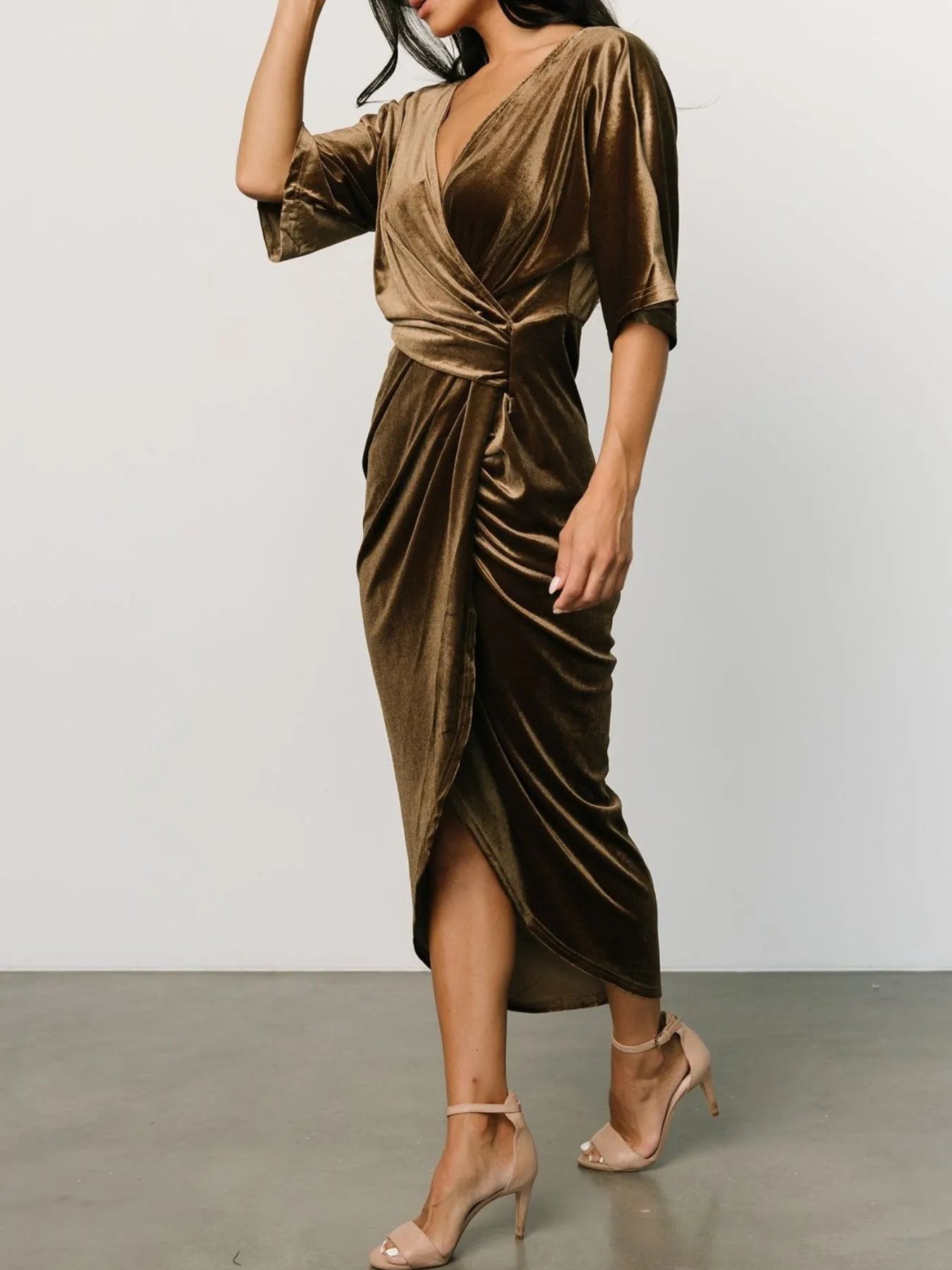 Ruched Surplice Half Sleeve Dress