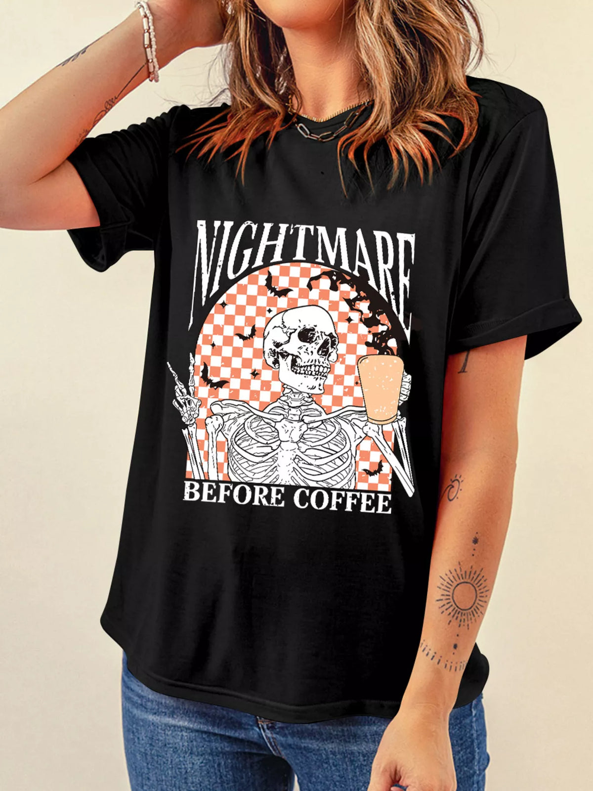 Halloween Skull Checkerboard Graphic Round Neck T-Shirt