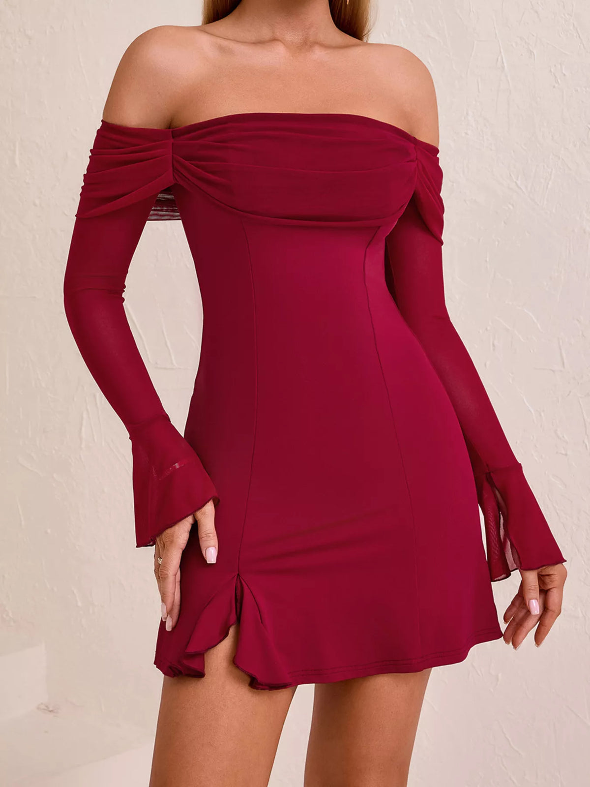 Off-Shoulder Long Sleeve Mesh Slit Mini Dress